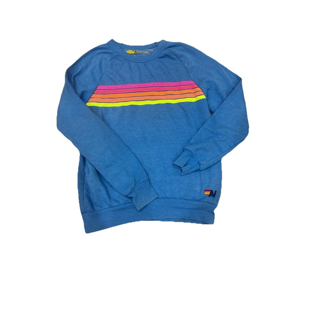 Aviator Nation Small Blue Crewneck Sweatshirt with Neon Stripes - Picture 2 of 7